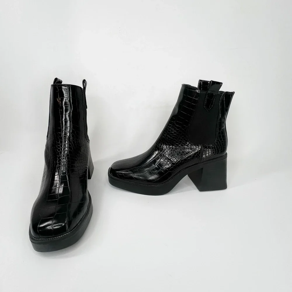 NASTY GAL Croc Square Toe Heeled Black Ankle Boots 8